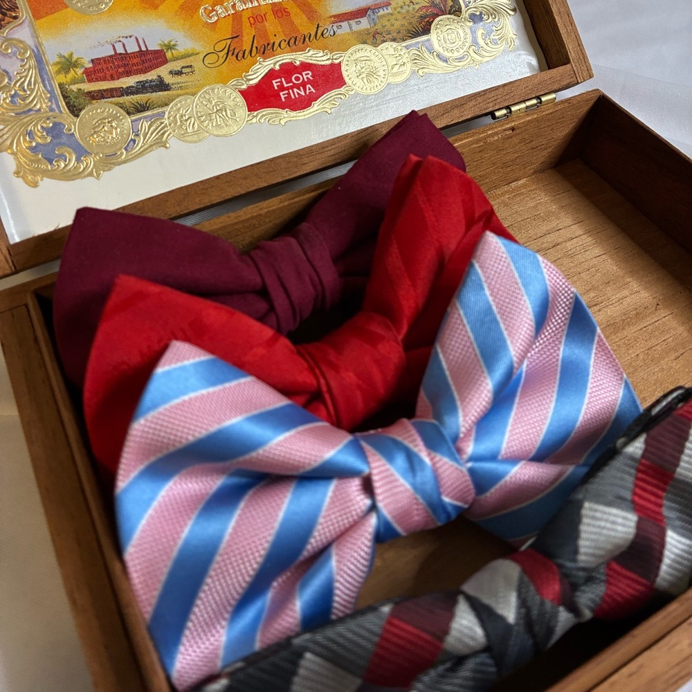 Elegant Bow Tie Set - Red, Blue, and Black with cigar box